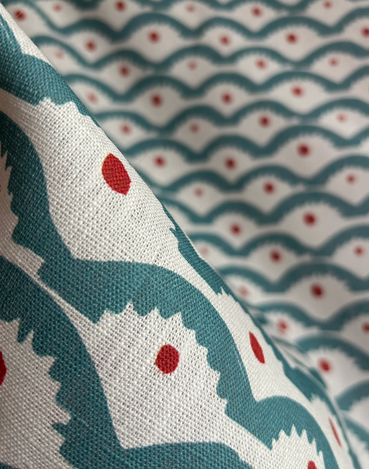 Wiggly Squiggly, Blue & Red - Linen Fabric