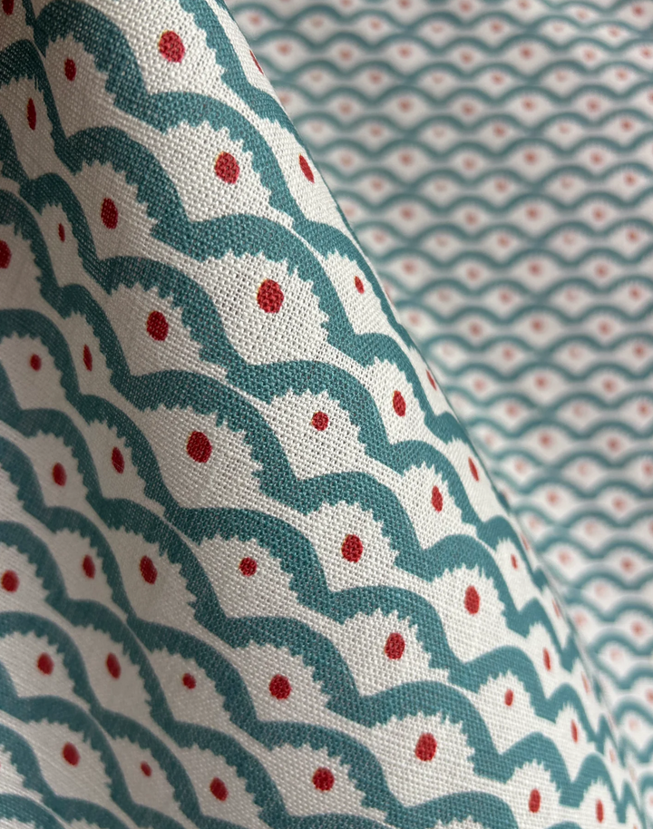 Wiggly Squiggly, Blue & Red - Linen Fabric