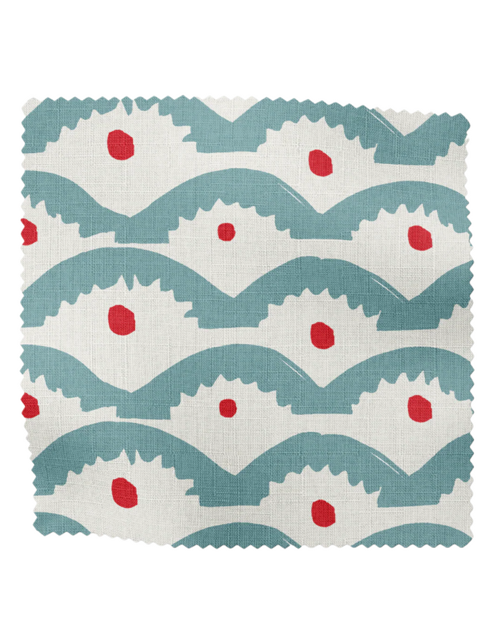 Wiggly Squiggly, Blue & Red - Linen Fabric