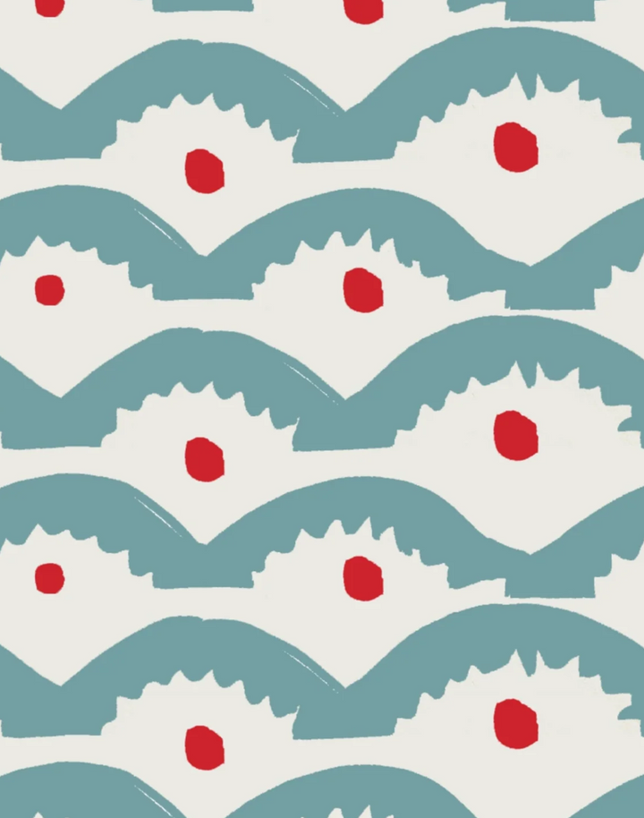 Wiggly Squiggly, Blue & Red - Linen Fabric