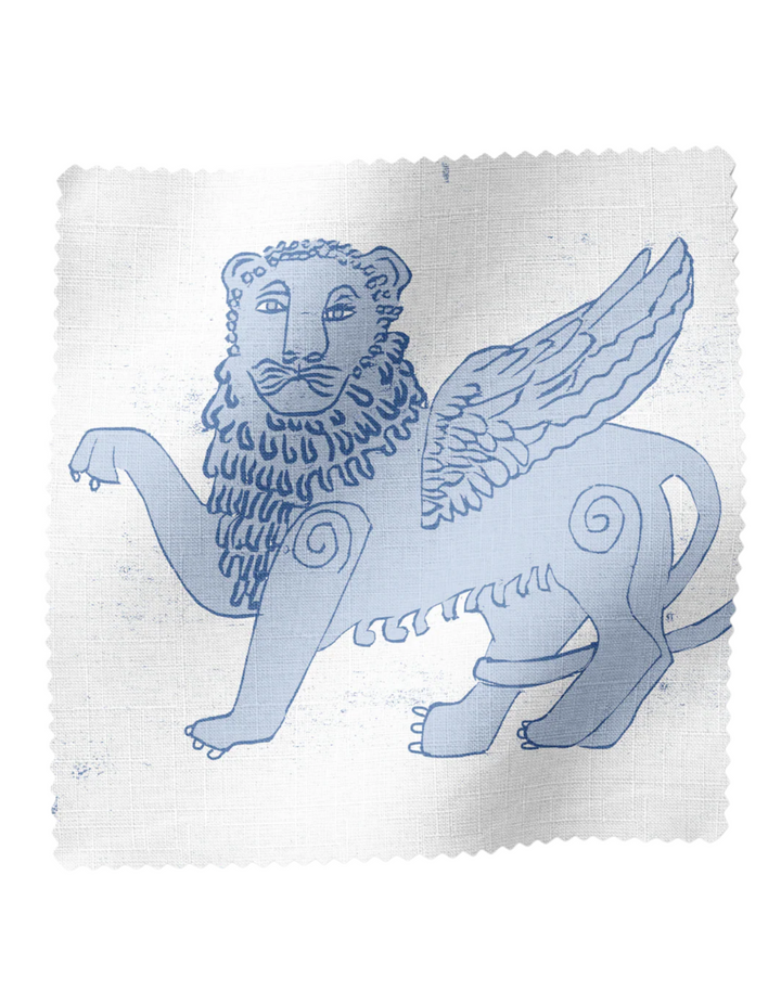 Winged Lion, Blue - Linen Fabric