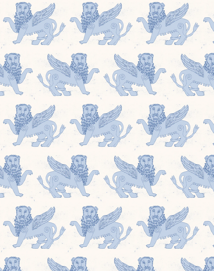 Winged Lion, Blue - Linen Fabric