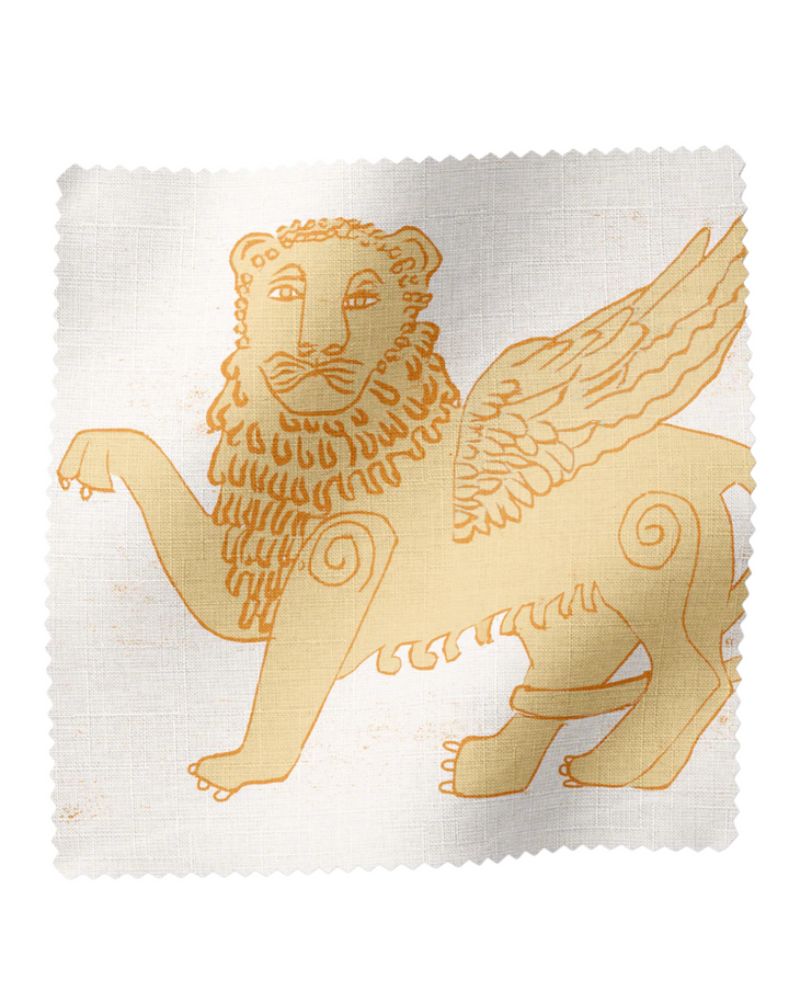 Winged Lion, Mustard - Linen Fabric