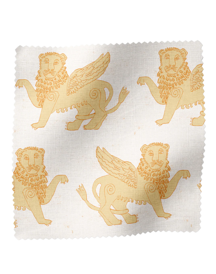 Winged Lion, Mustard - Linen Fabric