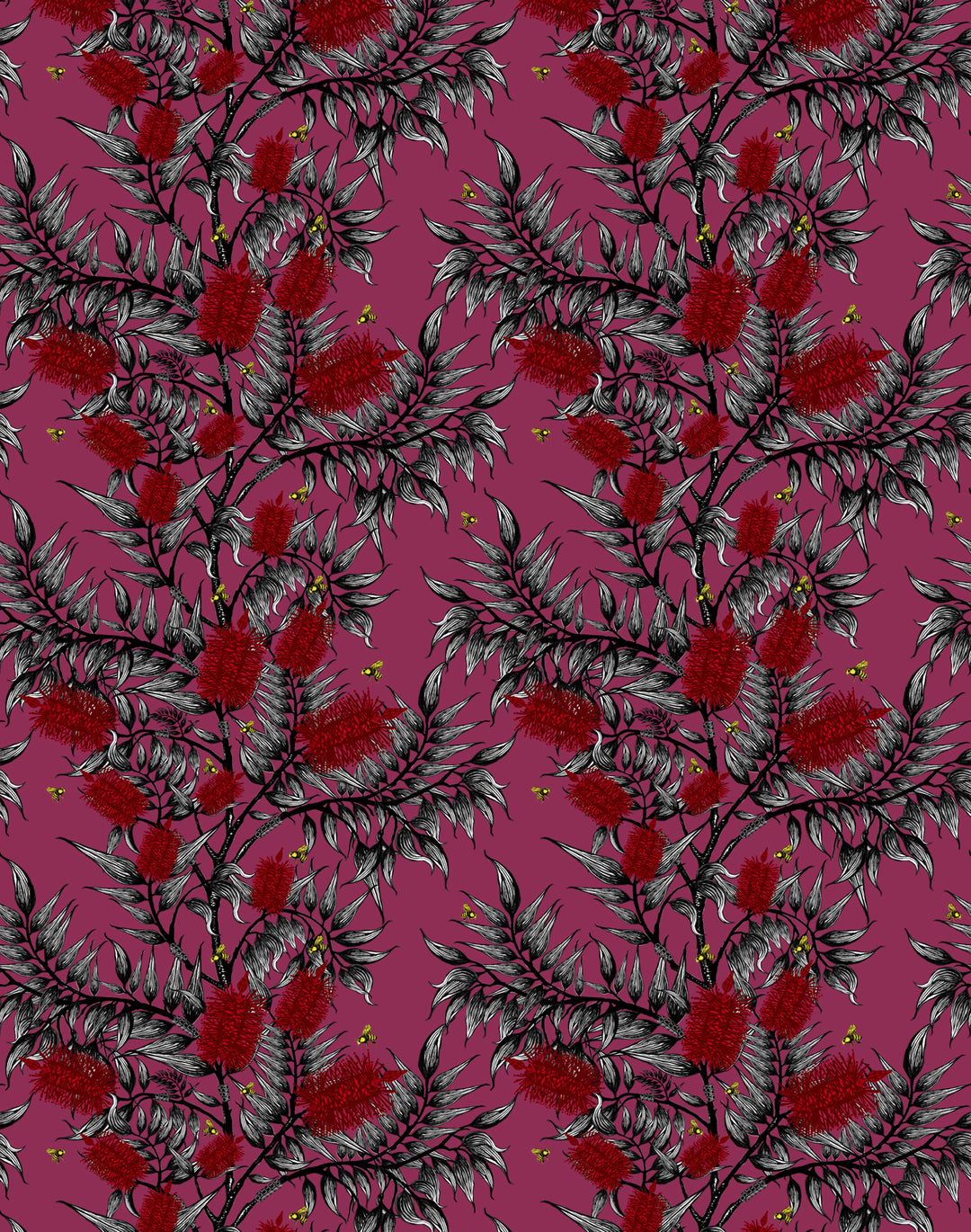 Bees in the Bottlebrush, Red Flowers on Plum