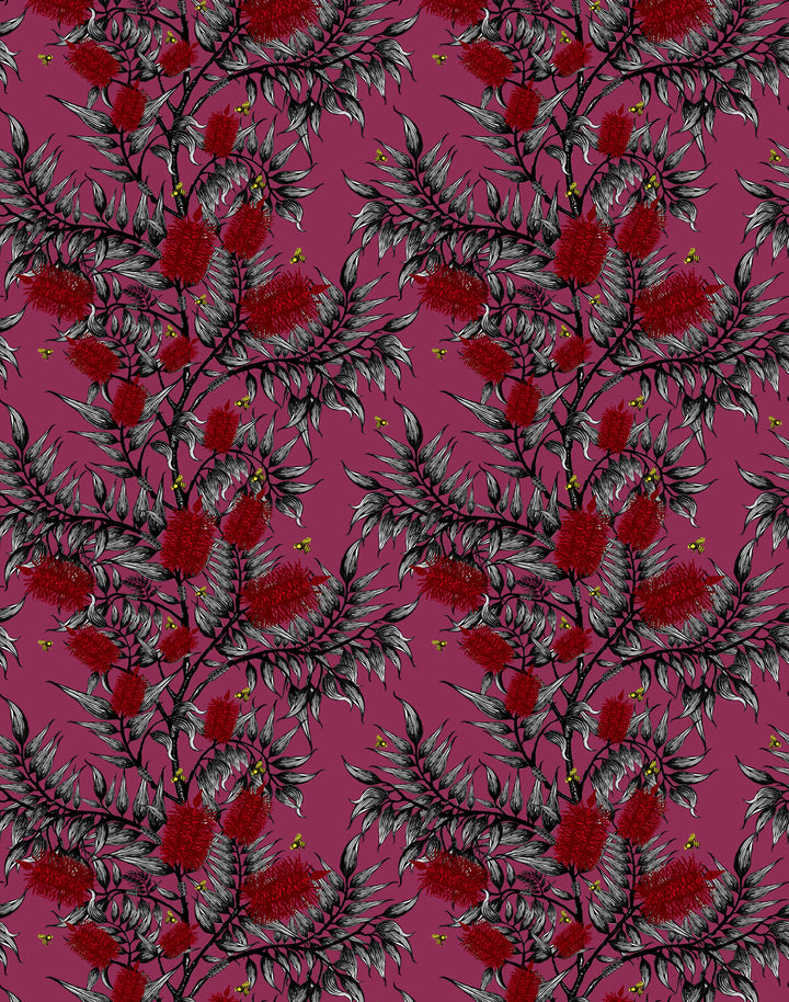 Bees in the Bottlebrush, Red Flowers on Plum