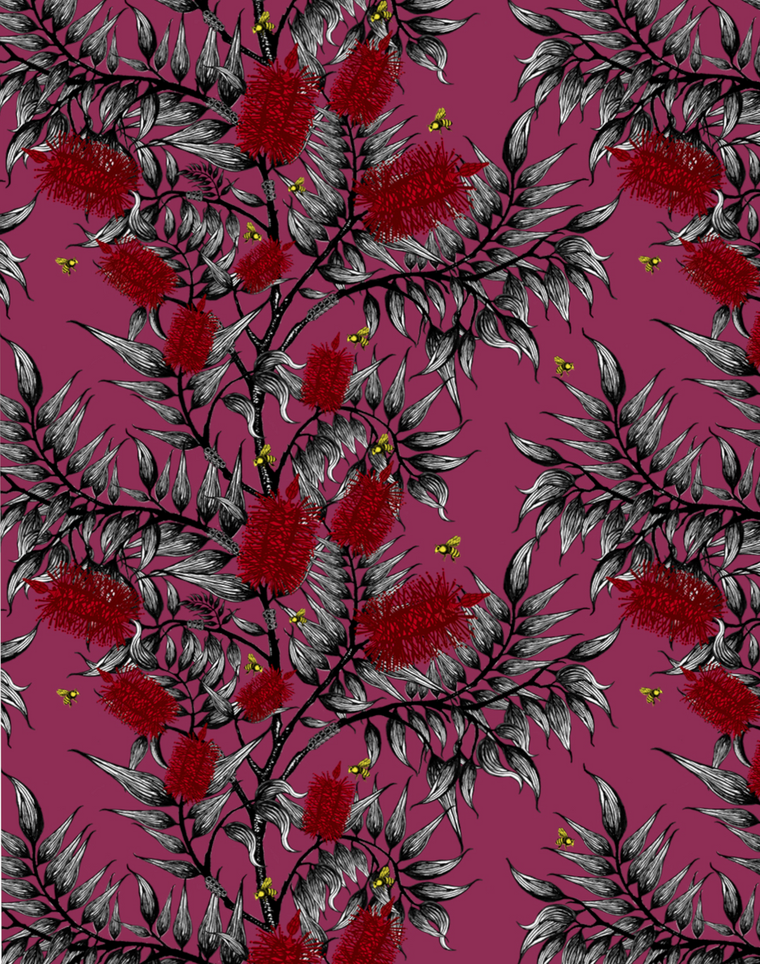 Bees in the Bottlebrush, Red Flowers on Plum