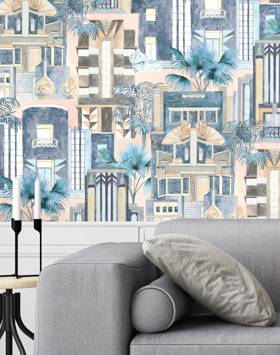 Blue Art Deco Palm Leaf Repeat Pattern Wallpaper
