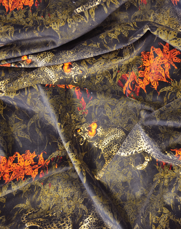 Leopards Prowl Fabric, Black/Khaki