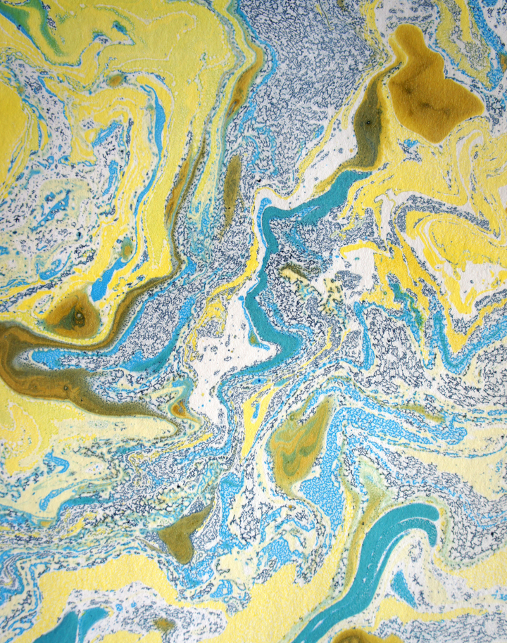 Starry Night Marble Panel in Dark Blue, Light Blue, Turquoise, & Yellow Gold