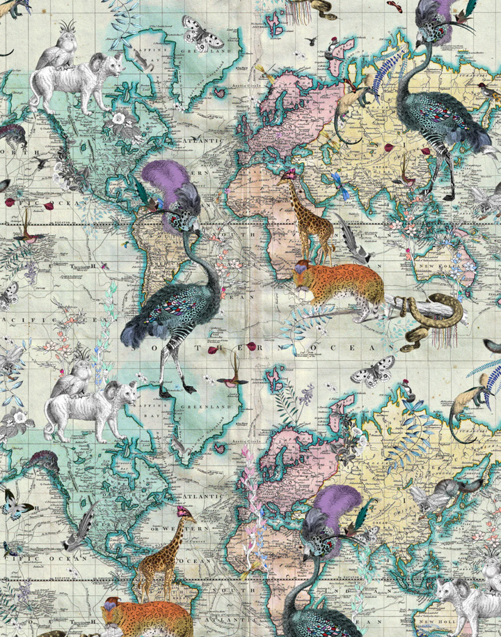 World Map Animals, Light Wall Mural